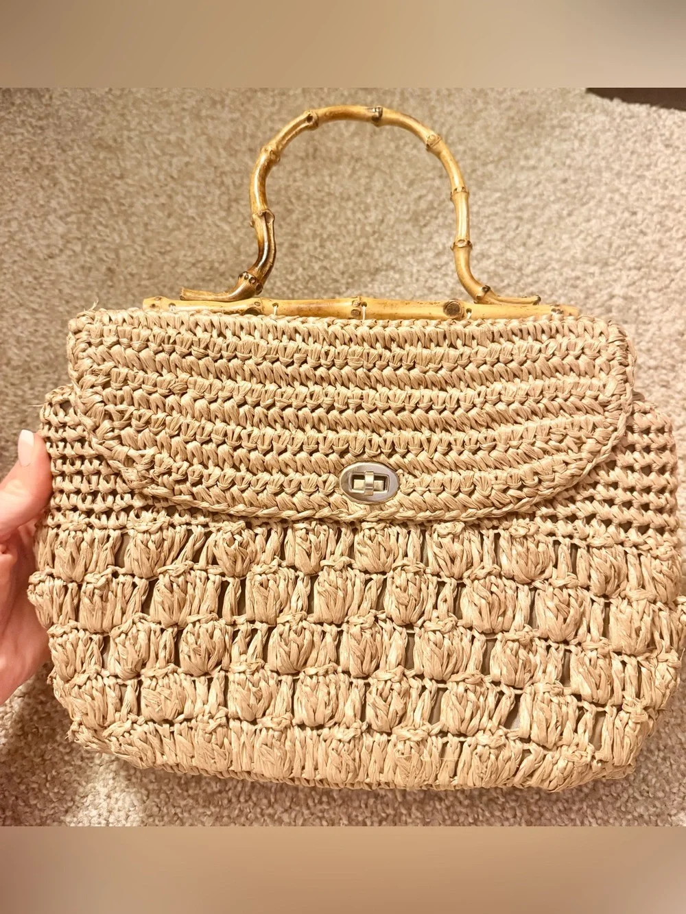 Rare Mid-Century Vintage Japanese Handwoven Straw Bag with Bamboo Handles